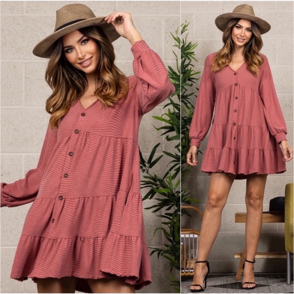 1 LEFT! USA MADE Marsala Rose Babydoll Women's Button Front Detail Fall Dress - Picture 2 of 4